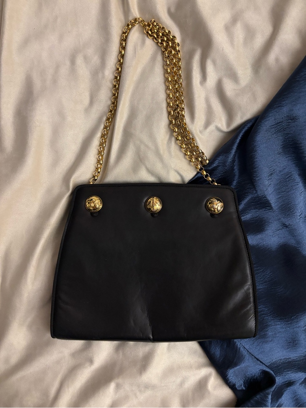 Salvatore Ferragamo Black Leather Shoulder Bag with Gold Chain
